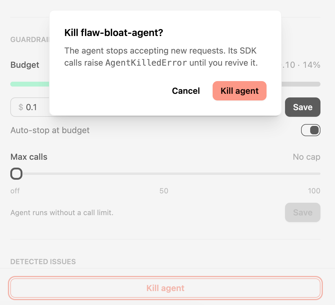 Budgets, auto-stop, and a kill switch